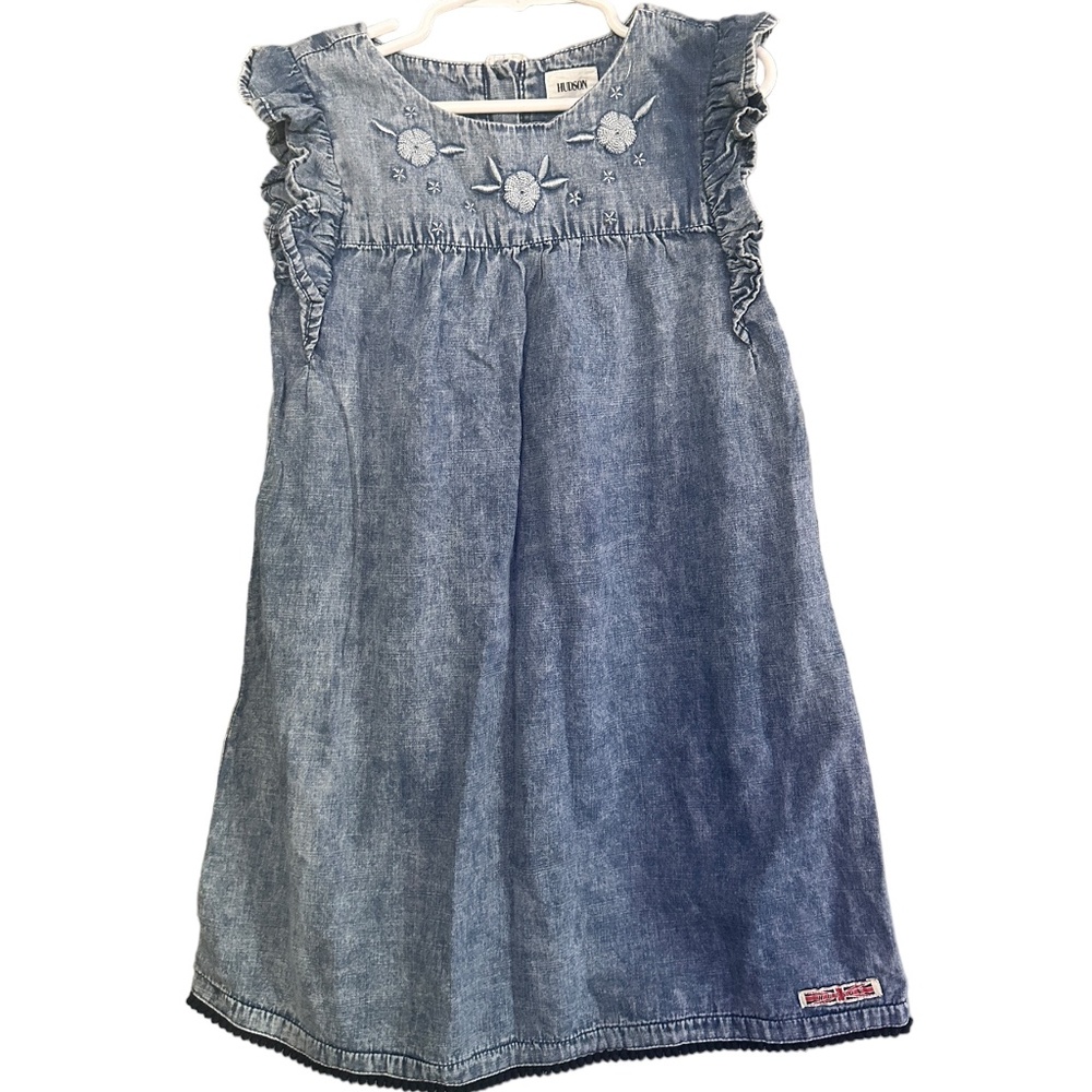 Hudson Girls Demin Embroidered Neck Flutter Ruffle Sleeve Blue Dress Size 6